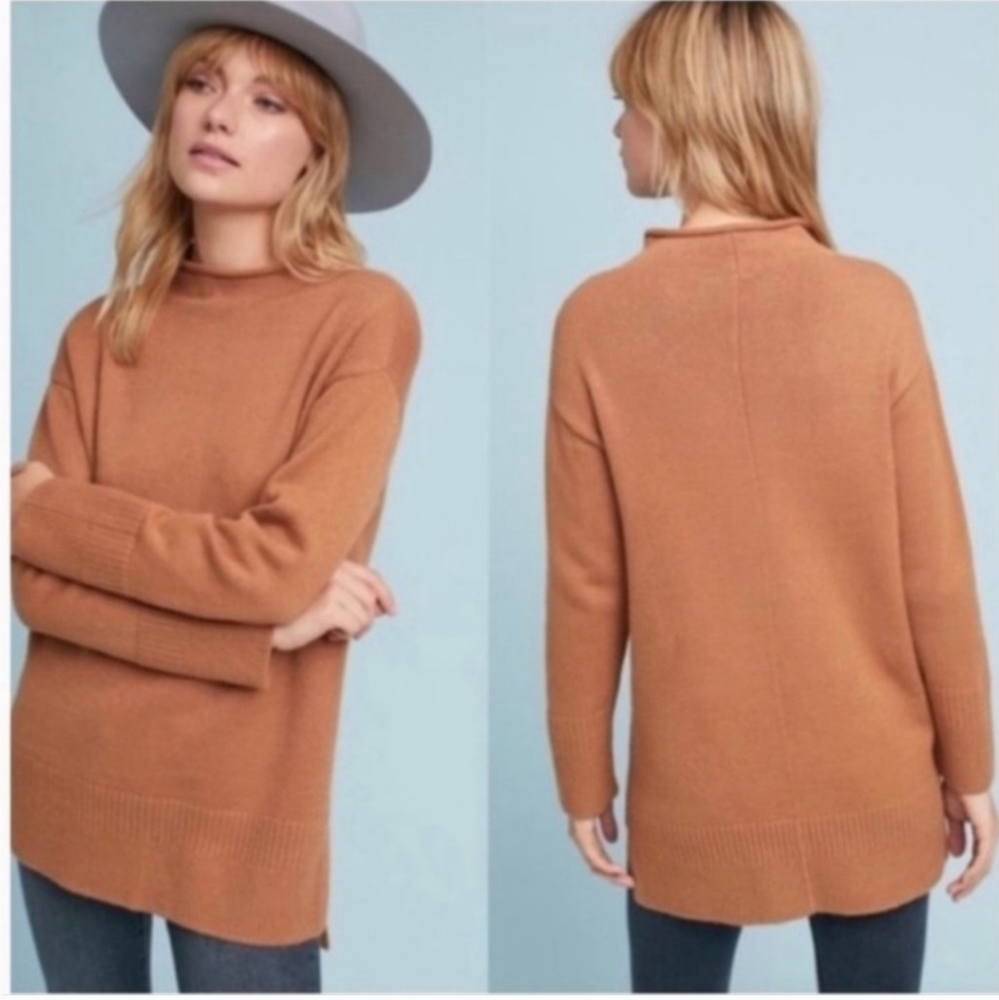 Moth Anthropologie Saskia Camel Tan Mock Neck Pullover Tunic Sweater Size XS